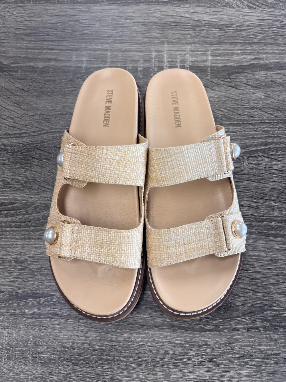 Steve Madden Beige Woven Pearl-Embellished Double Strap Slides